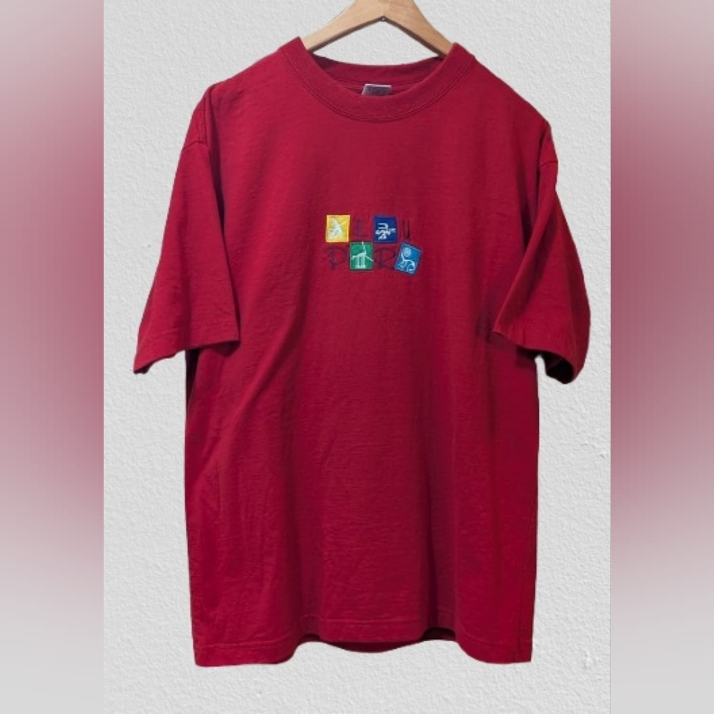 Vintage 90s Peru Inkatrex Embroidered Nazca Graphic T Shirt XL Red Made In Peru